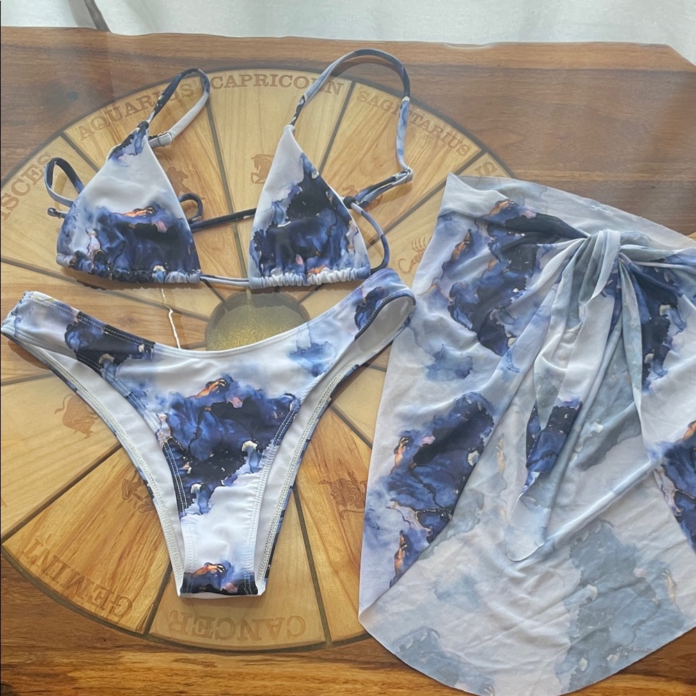 Blue and White Bikini Set with Cover-Up